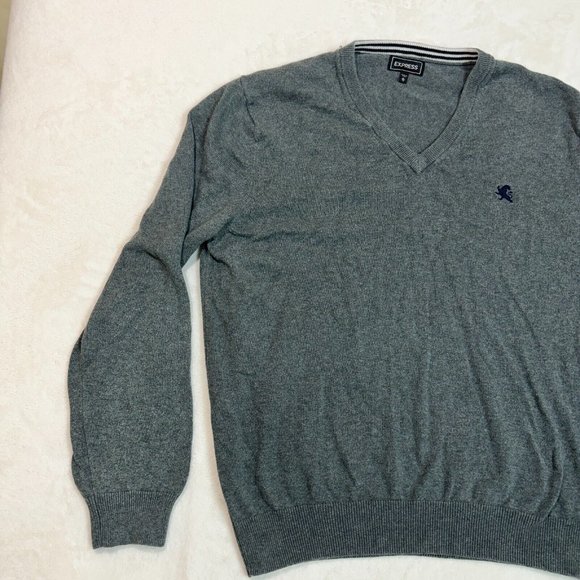 Express Men's XL Sweater Grey Solid Cotton V-Neck Top Long Sleeve Pullover - Picture 5 of 12